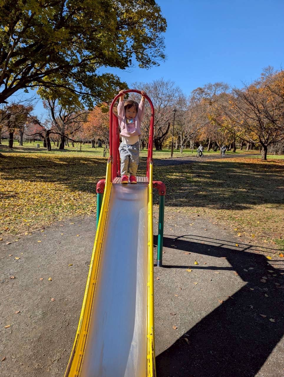 秋の公園で滑り台を楽しむ園児